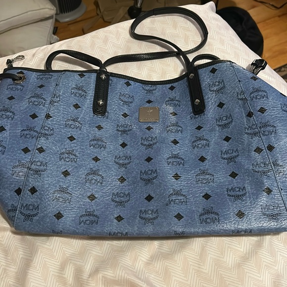 MCM Handbags - Blue MCM Logo Leather Tote Bag